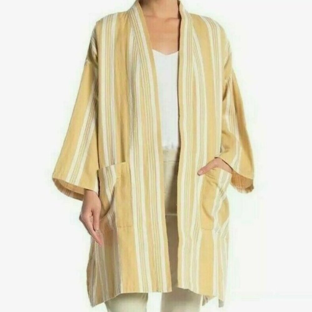 Eileen Fisher Reed Kimono Jacket Striped Organic Cotton Blazer Pocket Women L XL